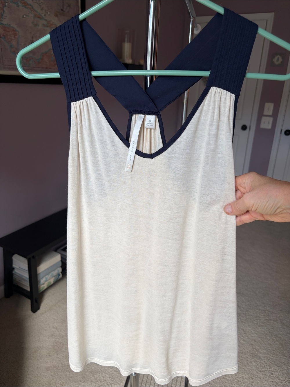 LC Lauren Conrad Cream Tank with Navy Racerback Trim